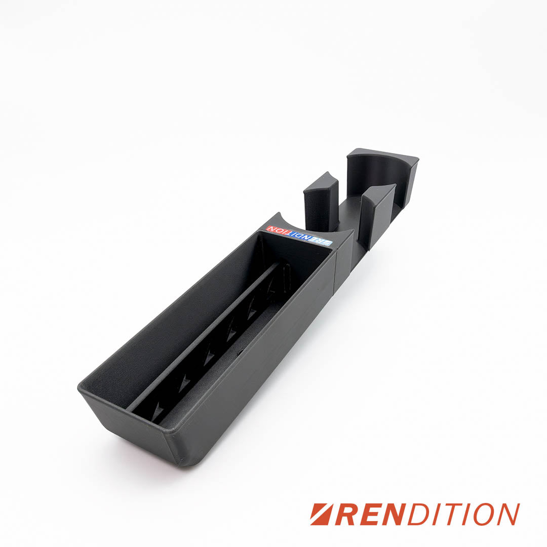BMW E36 Front Cup Holder for manual transmission models. Reversed layout prevents spill while shifting. Ultra-rigid build. Optional 90mm cup extender.