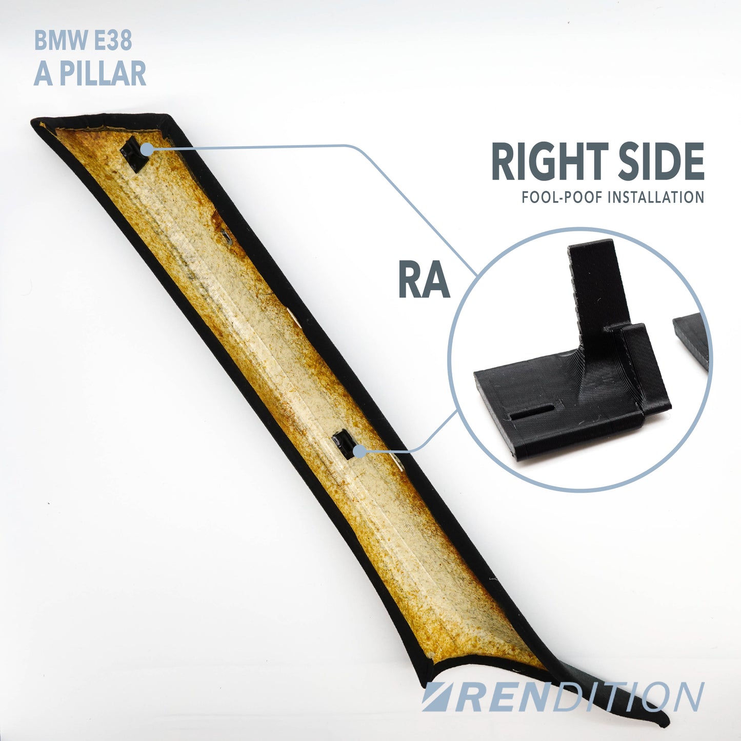 BMW E38 interior pillar tab replacements – detailed view of A B C pillar clips
