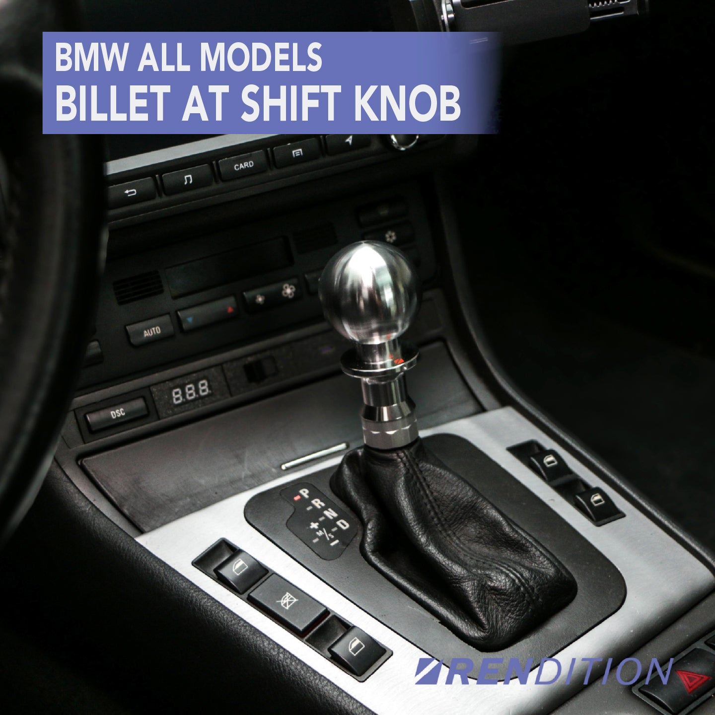 BMW E46 billet AT shift knob installed anodized black raw aluminum automatic upgrade interior view