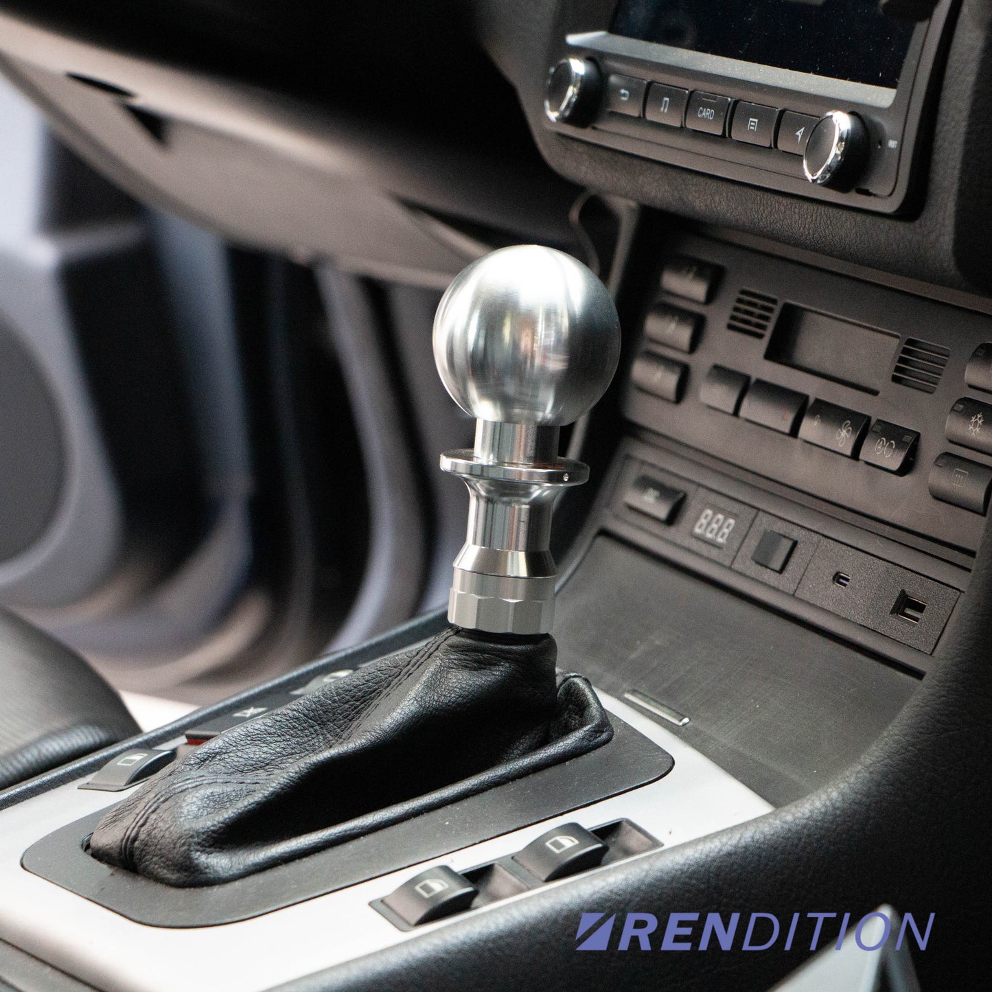 BMW E46 billet AT shift knob installed anodized black raw aluminum automatic upgrade interior view