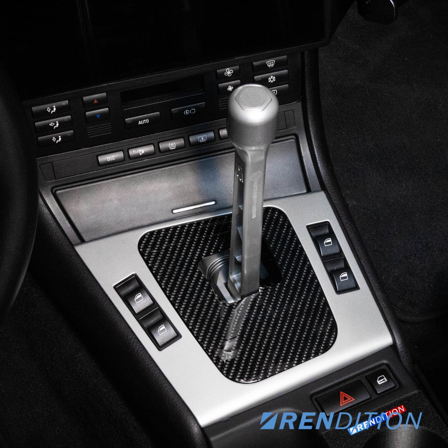 BMW E46 carbon fiber shift boot panel close-up
