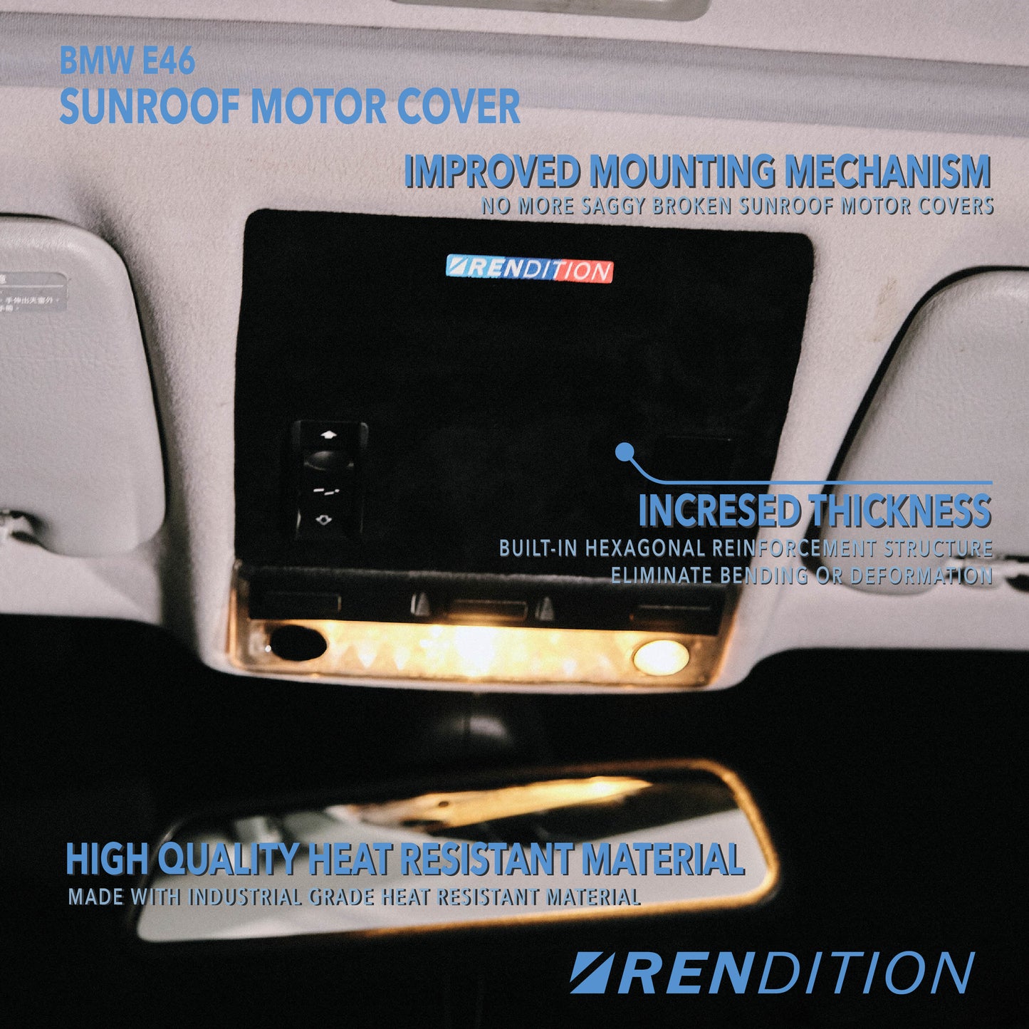 BMW E46 sunroof motor cover replacement in textured, suede, and carbon finishes