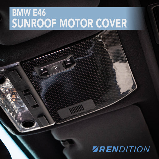 BMW E46 sunroof motor cover replacement in textured, suede, and carbon finishes