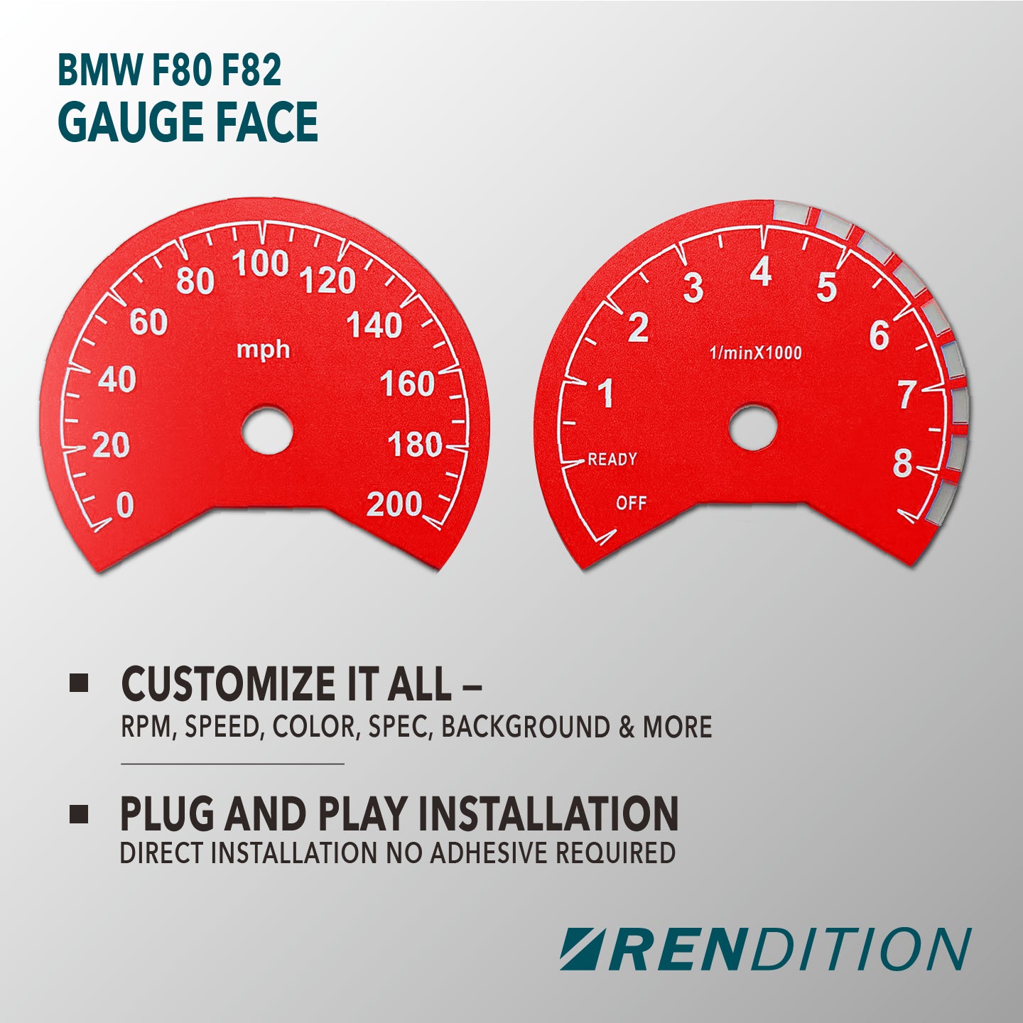 BMW F80 F82 custom gauge face overlay installed in instrument cluster