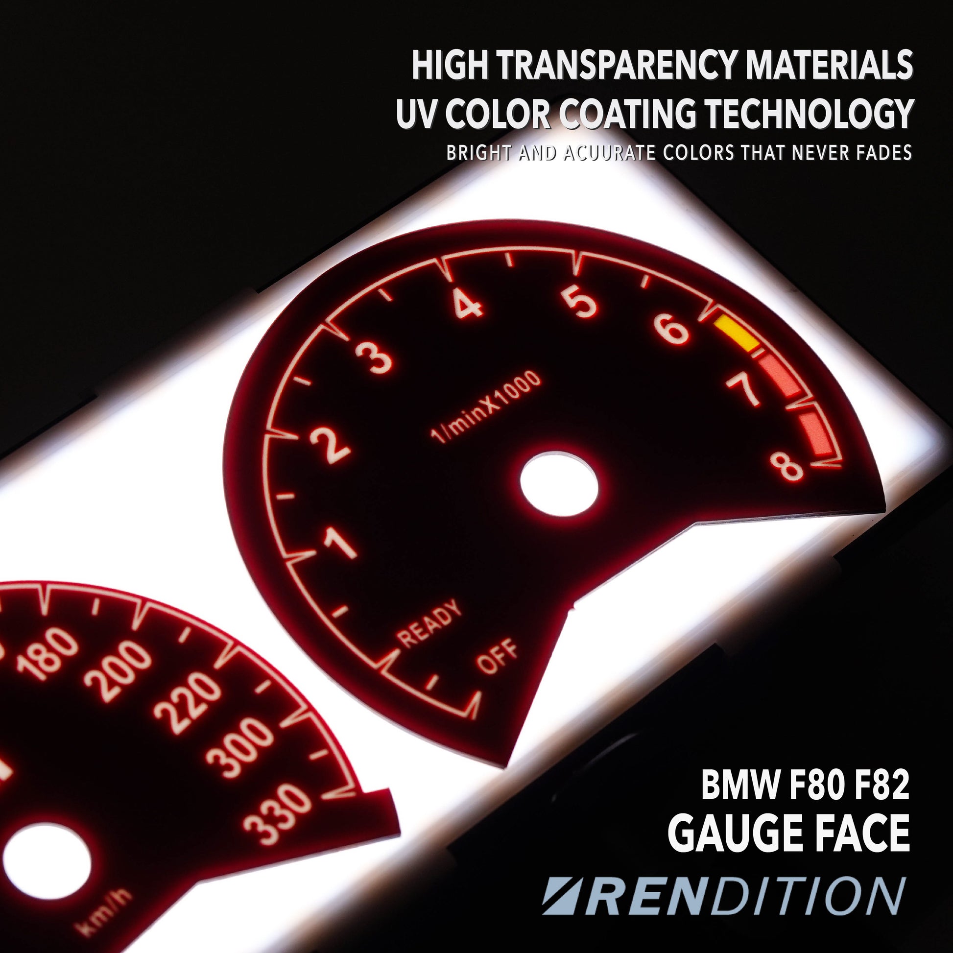 MW F80 F82 custom gauge face overlay with M logo installed in instrument cluster