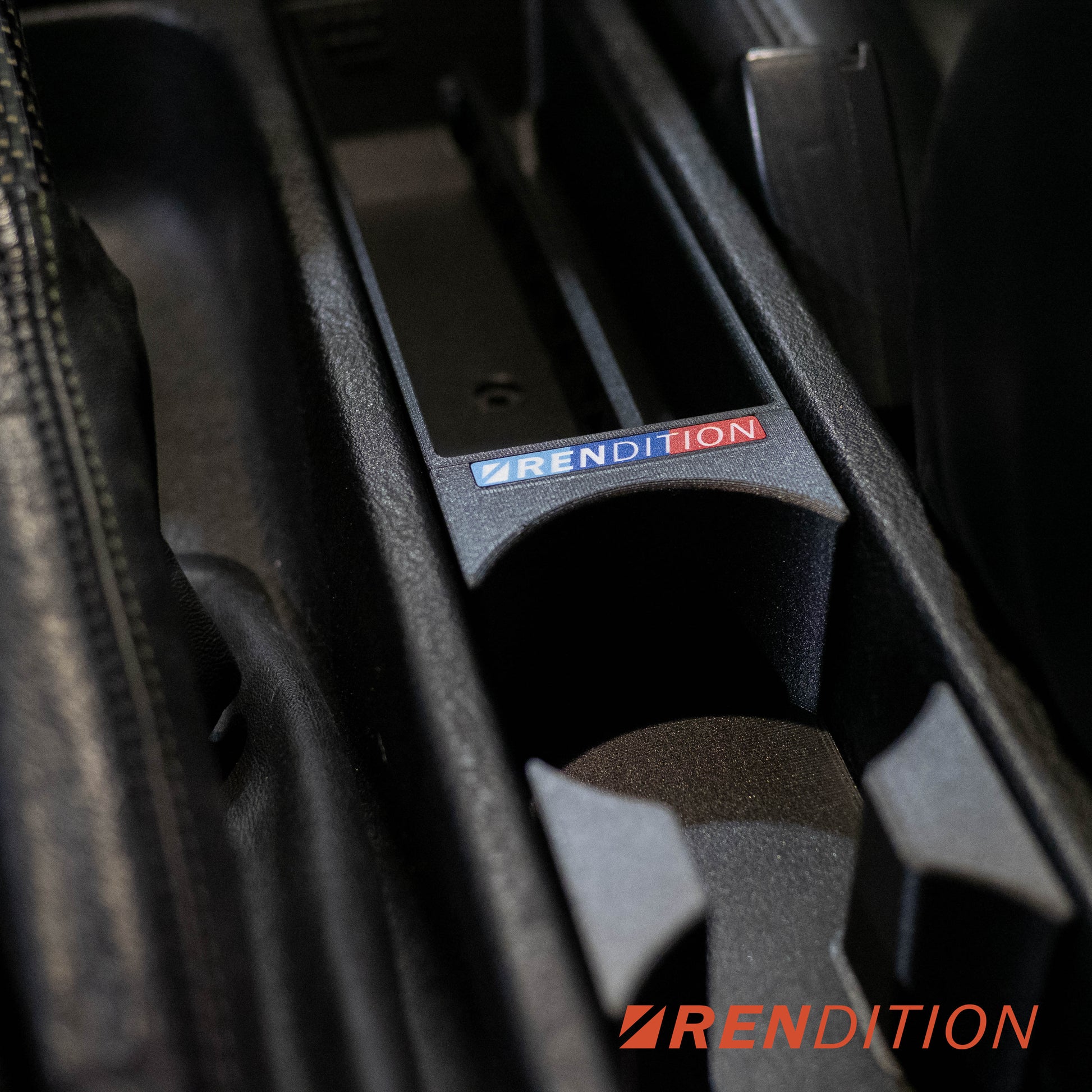 BMW E36 Front Cup Holder for manual transmission models. Reversed layout prevents spill while shifting. Ultra-rigid build. Optional 90mm cup extender.