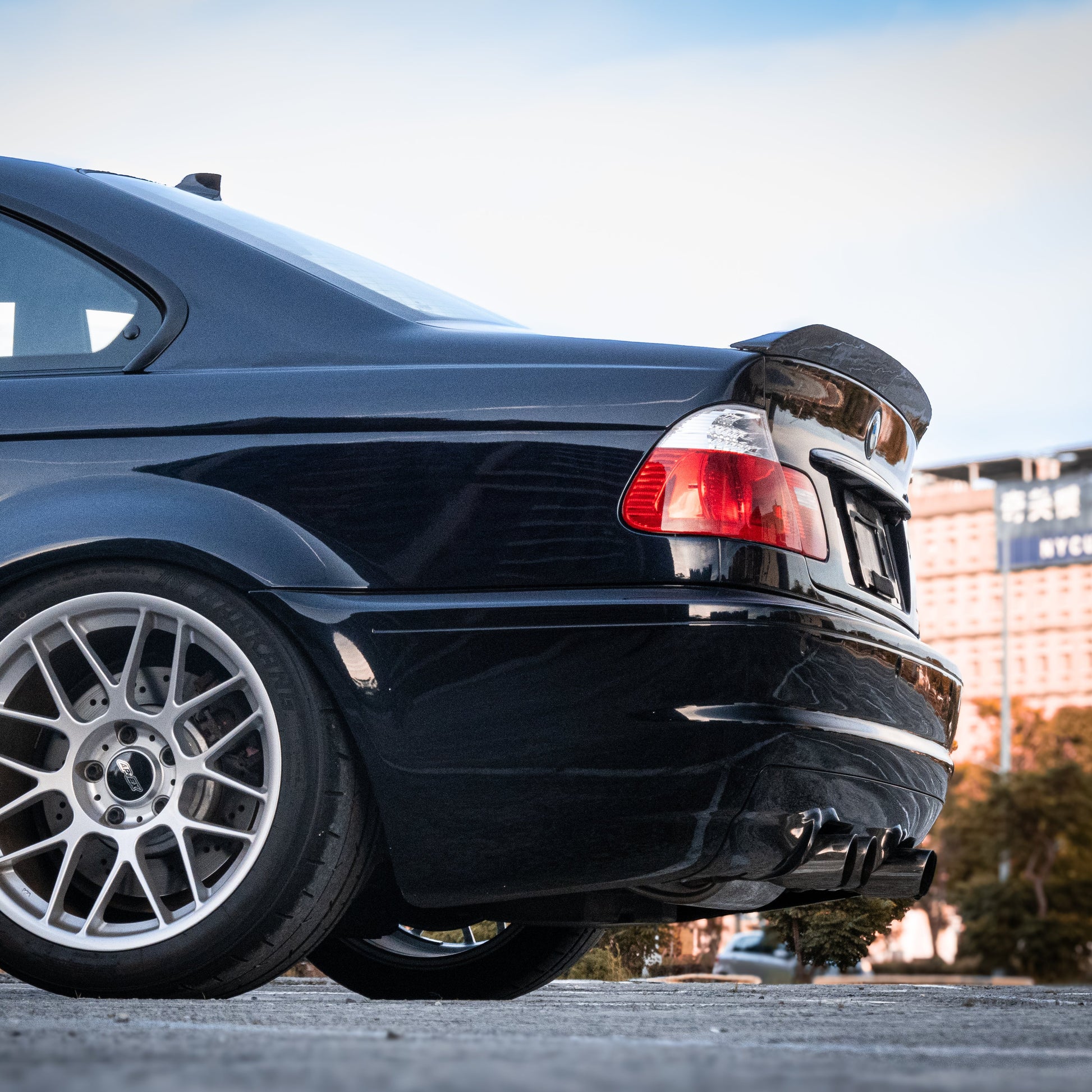 BMW E46 ducktail spoiler installed on Coupe and Sedan models