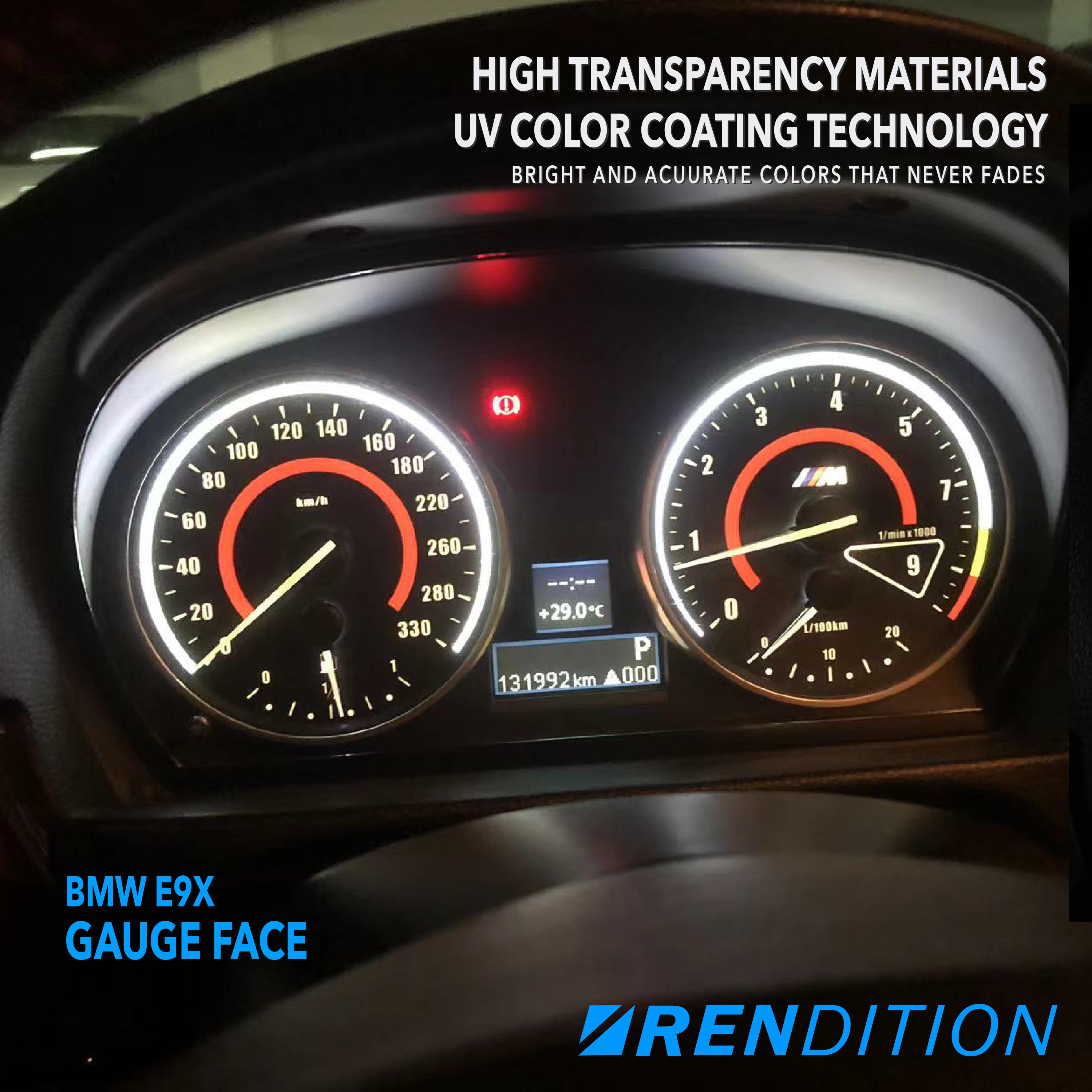 BMW E9X GAUGE FACE / GAUGE OVERLAY FOR 318, 320, 323, 325,328, 330, 335, M3