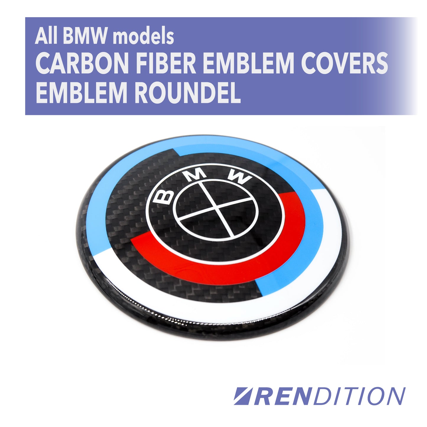 BMW carbon fiber emblem overlay covers M 50th minimalist front rear steering 82mm 74mm 46mm real carbon fiber