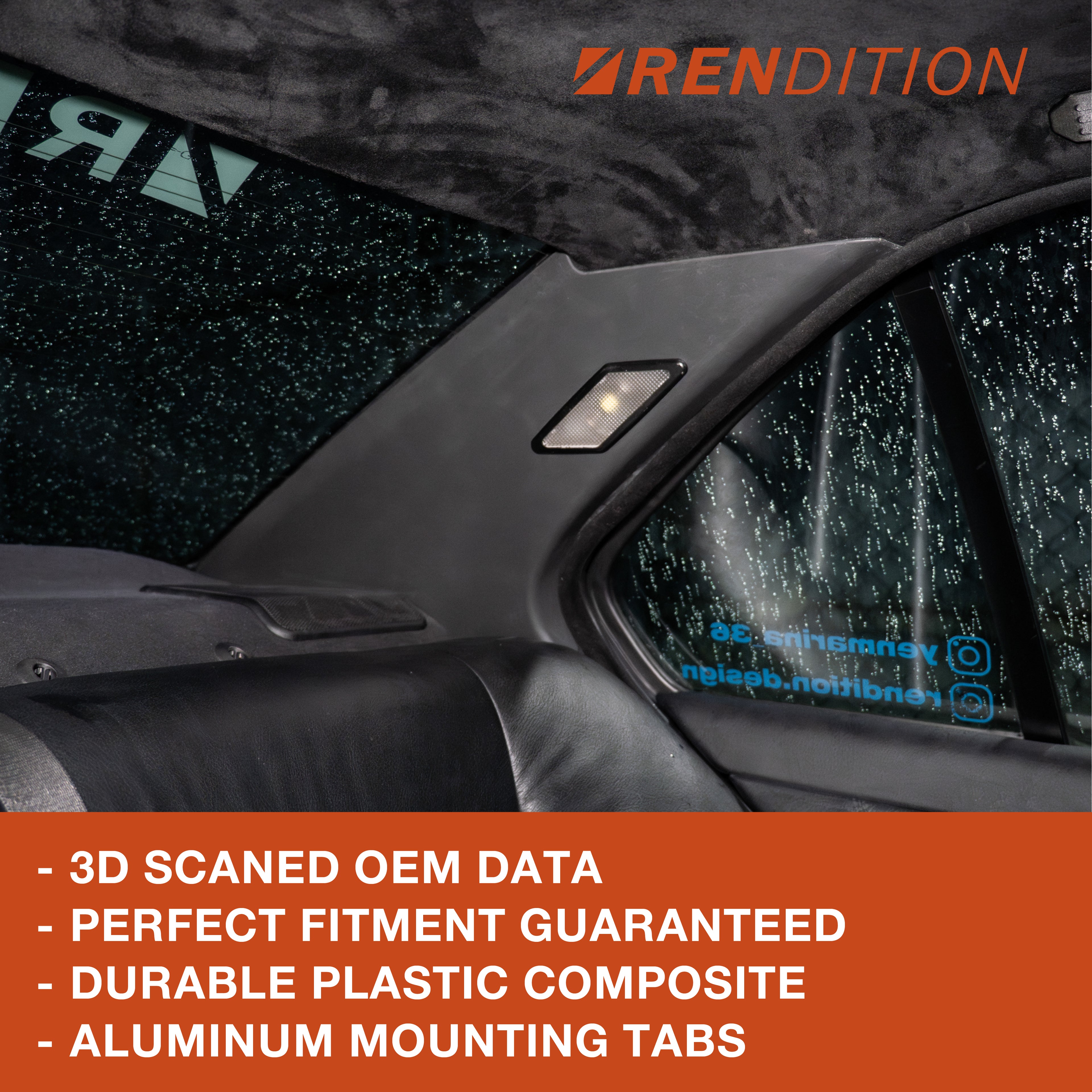 BMW E36 Sedan C-pillar trim replacement with aluminum mounting tabs in raw, suede, and carbon fiber