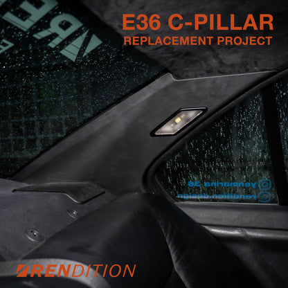 BMW E36 Sedan C-pillar trim replacement with aluminum mounting tabs in raw, suede, and carbon fiber