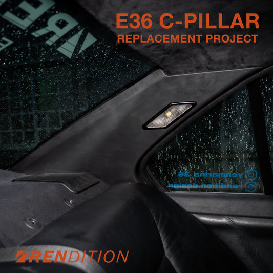 BMW E36 Sedan C-pillar trim replacement with aluminum mounting tabs in raw, suede, and carbon fiber