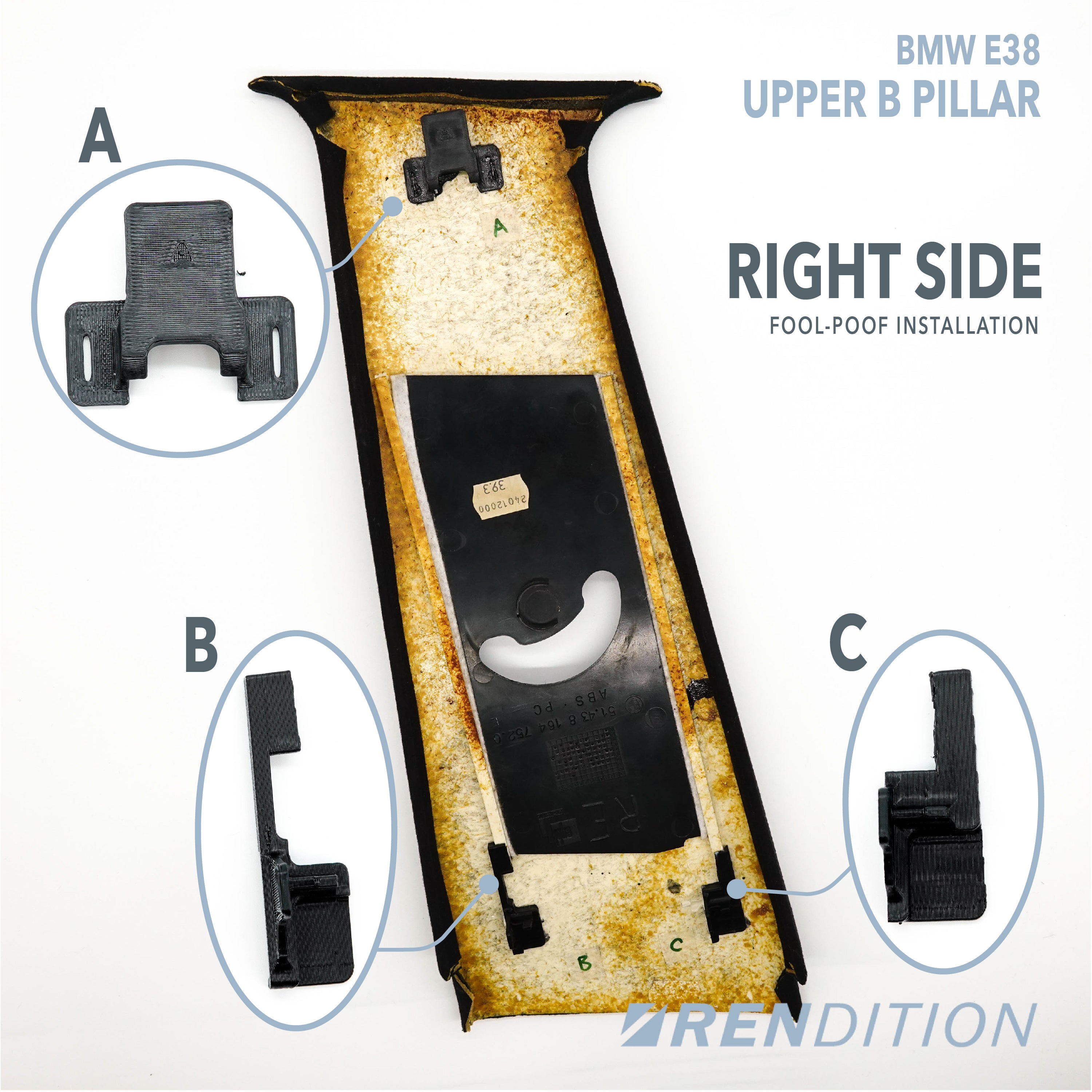 Repaired A and B pillar trim using Rendition tabs – interior restoration for BMW E38