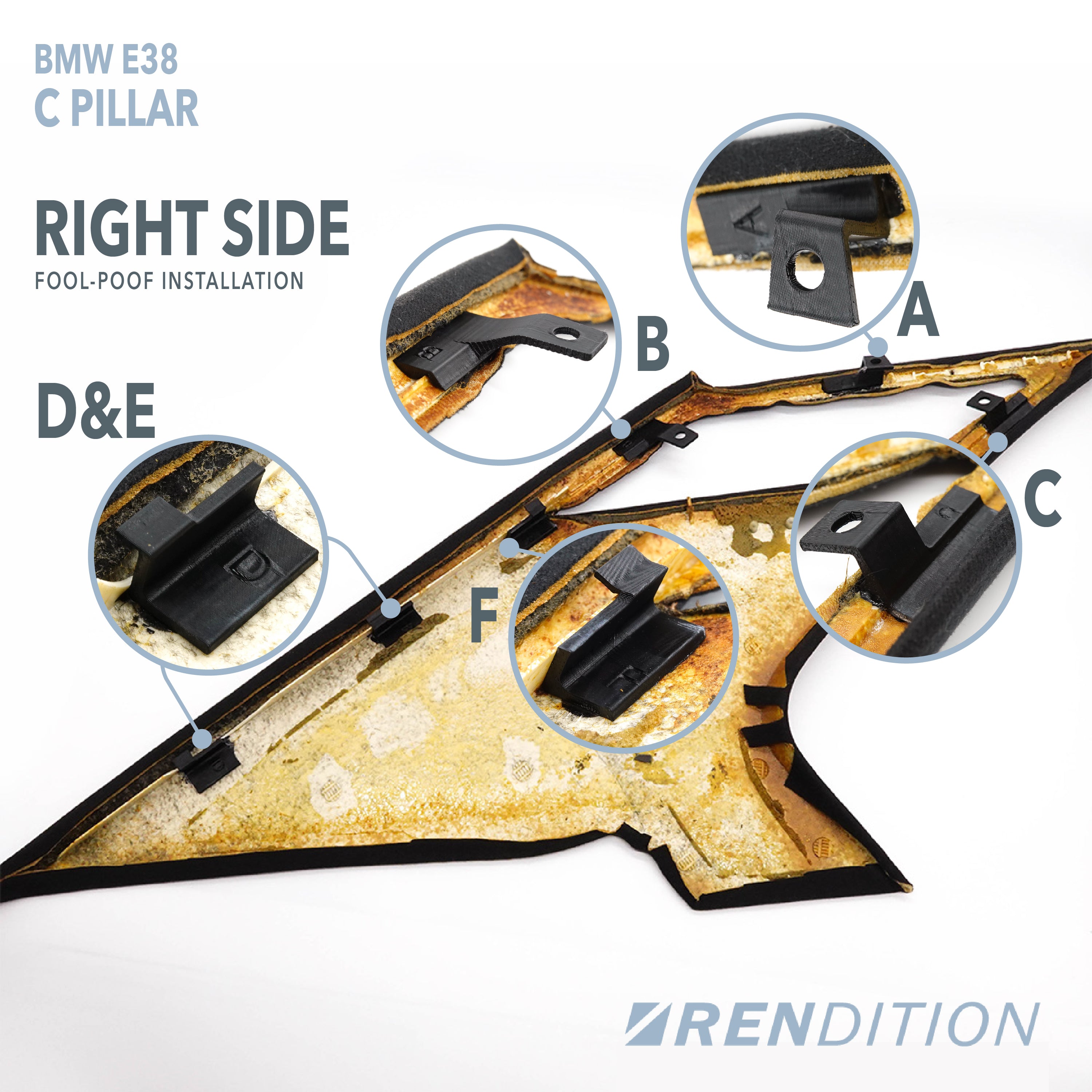 C pillar repair tab on BMW E38 interior – OEM-style fitment