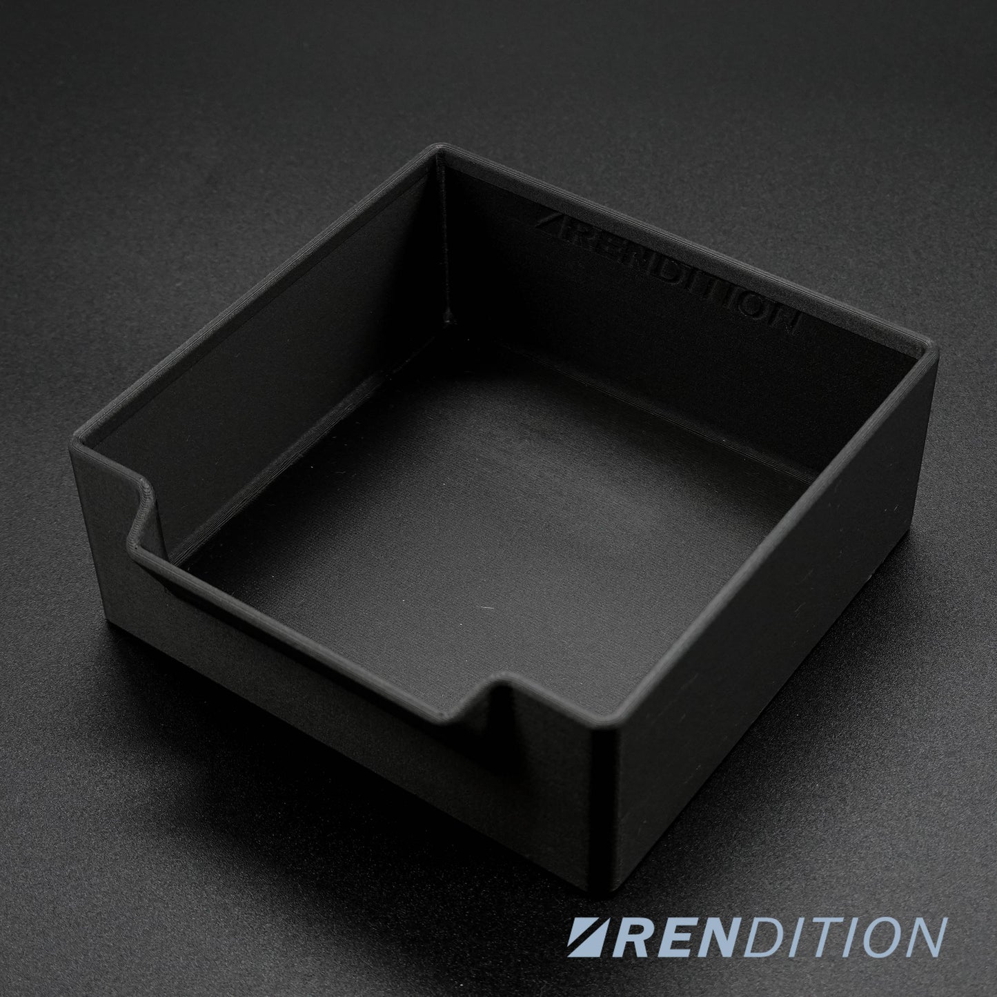 Black rectangular container on a dark gray background with 'Rendition' branding.