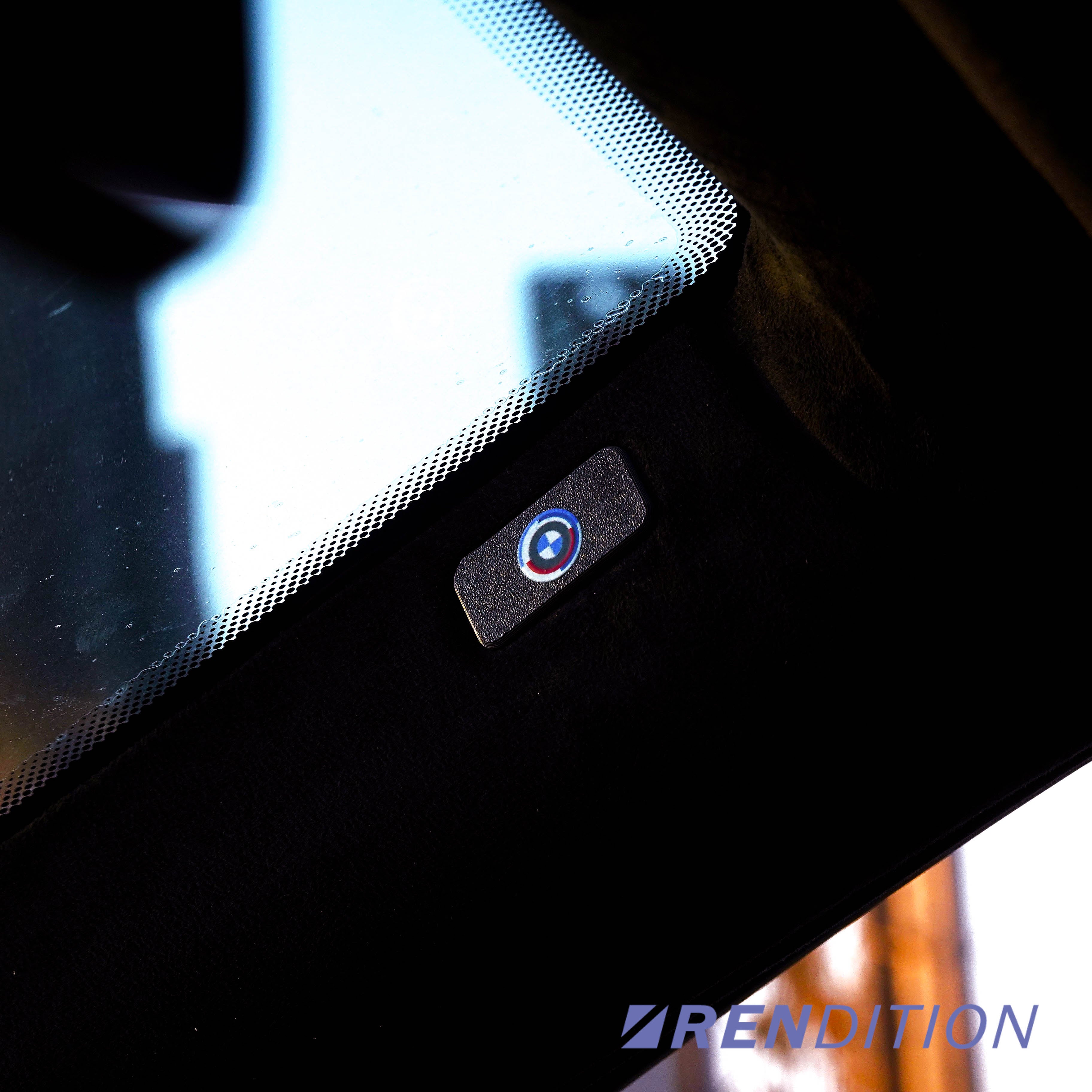 BMW A-pillar airbag cover replacement for E38 E39 E90 E91 in textured black finish BMW 50th Anniversary logo
