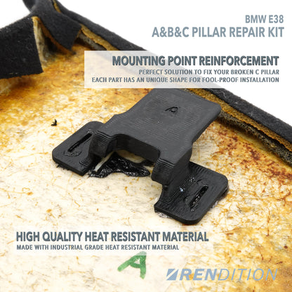 BMW E38 interior pillar tab replacements – detailed view of A B C pillar clips