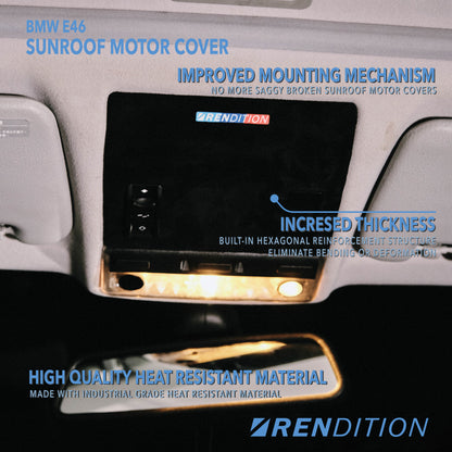 BMW E46 sunroof motor cover replacement in textured, suede, and carbon finishes