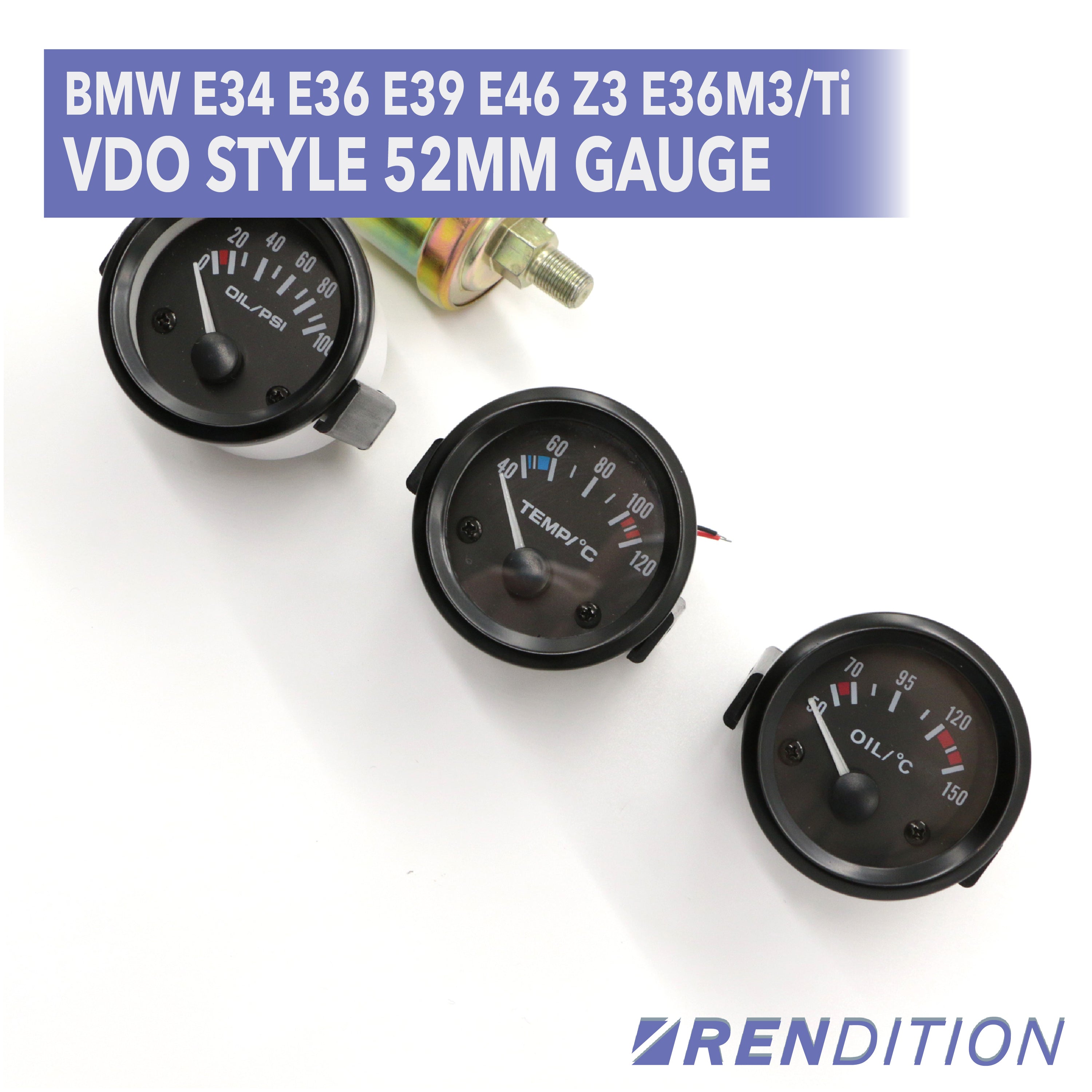 BMW VDO style 52mm gauge kit with oil temp, water temp, and oil pressure sensors