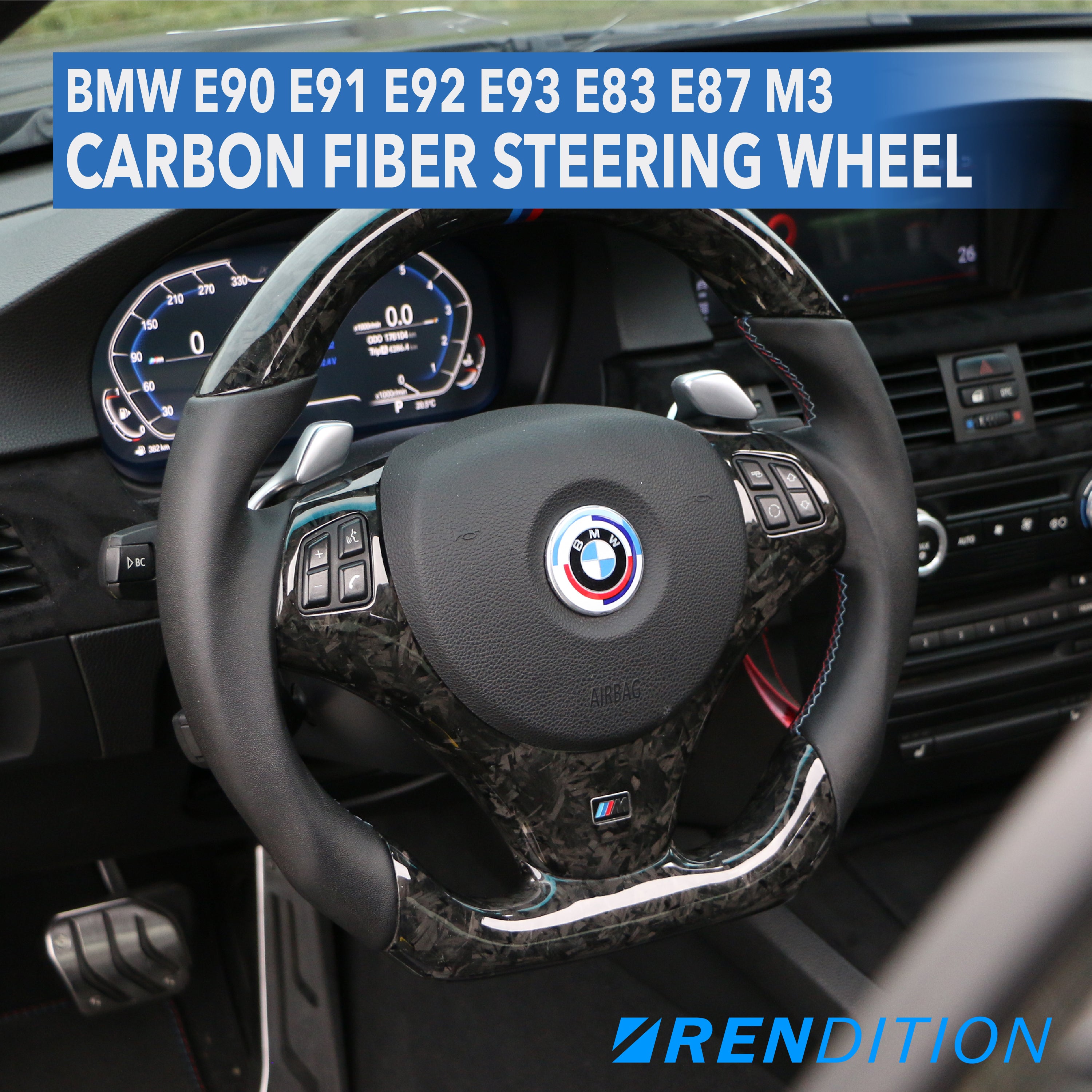 Custom BMW steering wheel in 2x2 weaved carbon, Nappa, and gloss finish