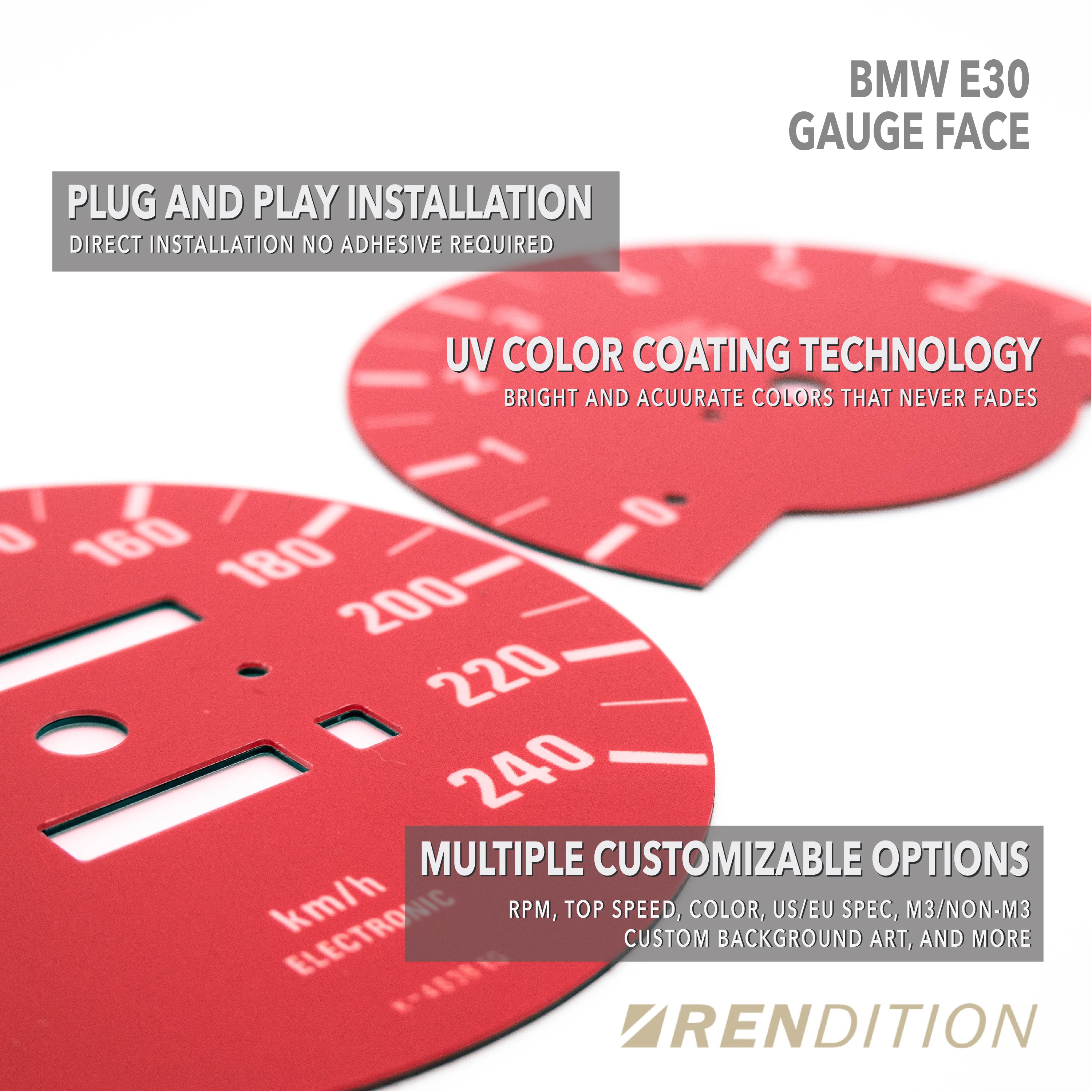 BMW E30 custom gauge overlay with UV-coated face and color options