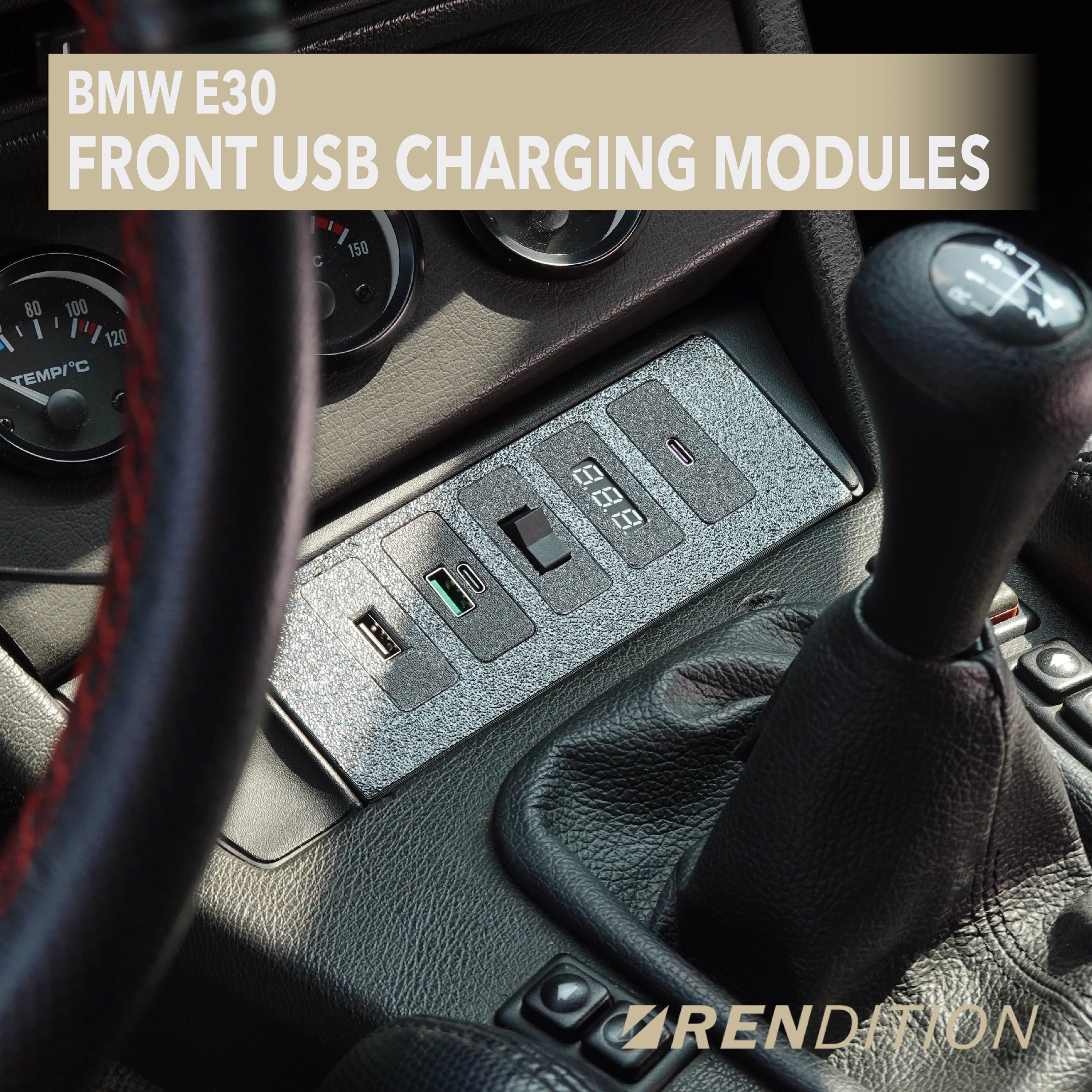 BMW E30 modular ashtray panel with USB charger and switch module installed