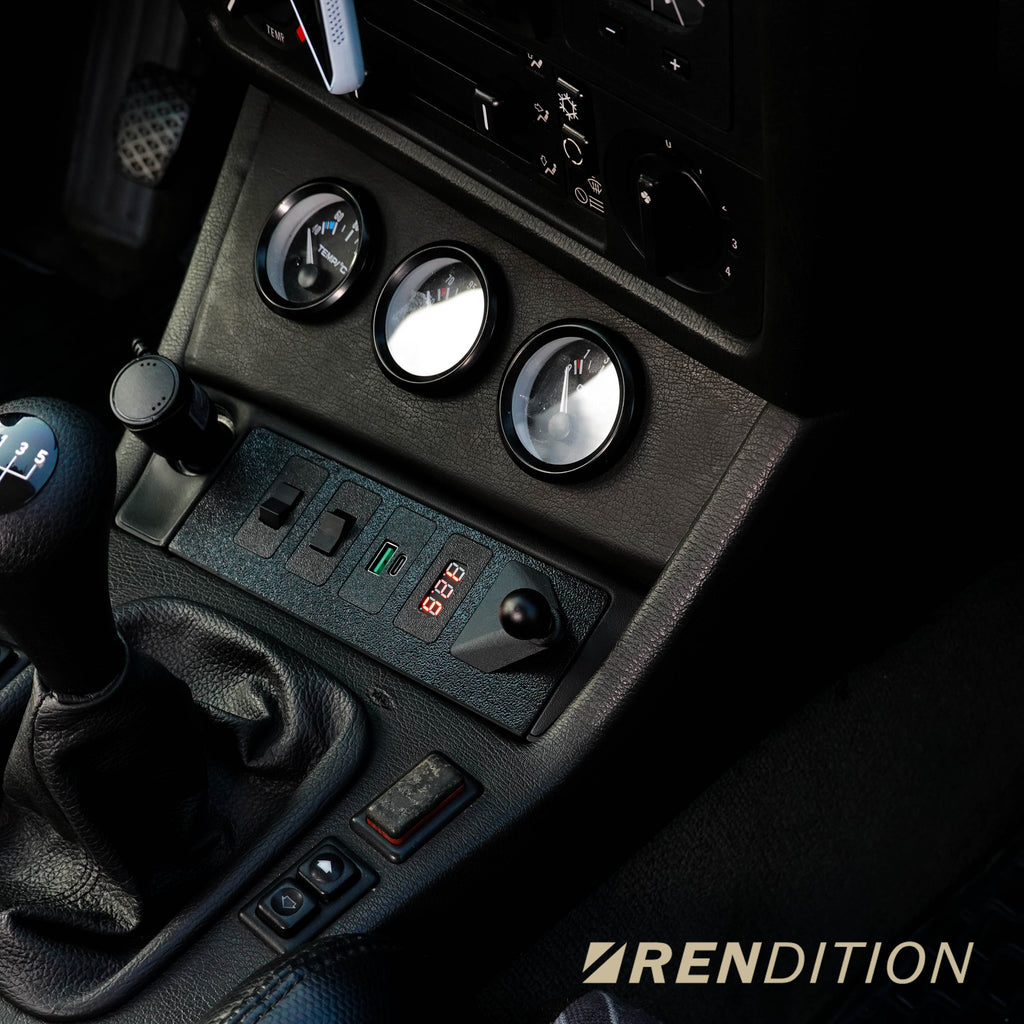 BMW E30 modular ashtray panel with USB charger and switch module installed