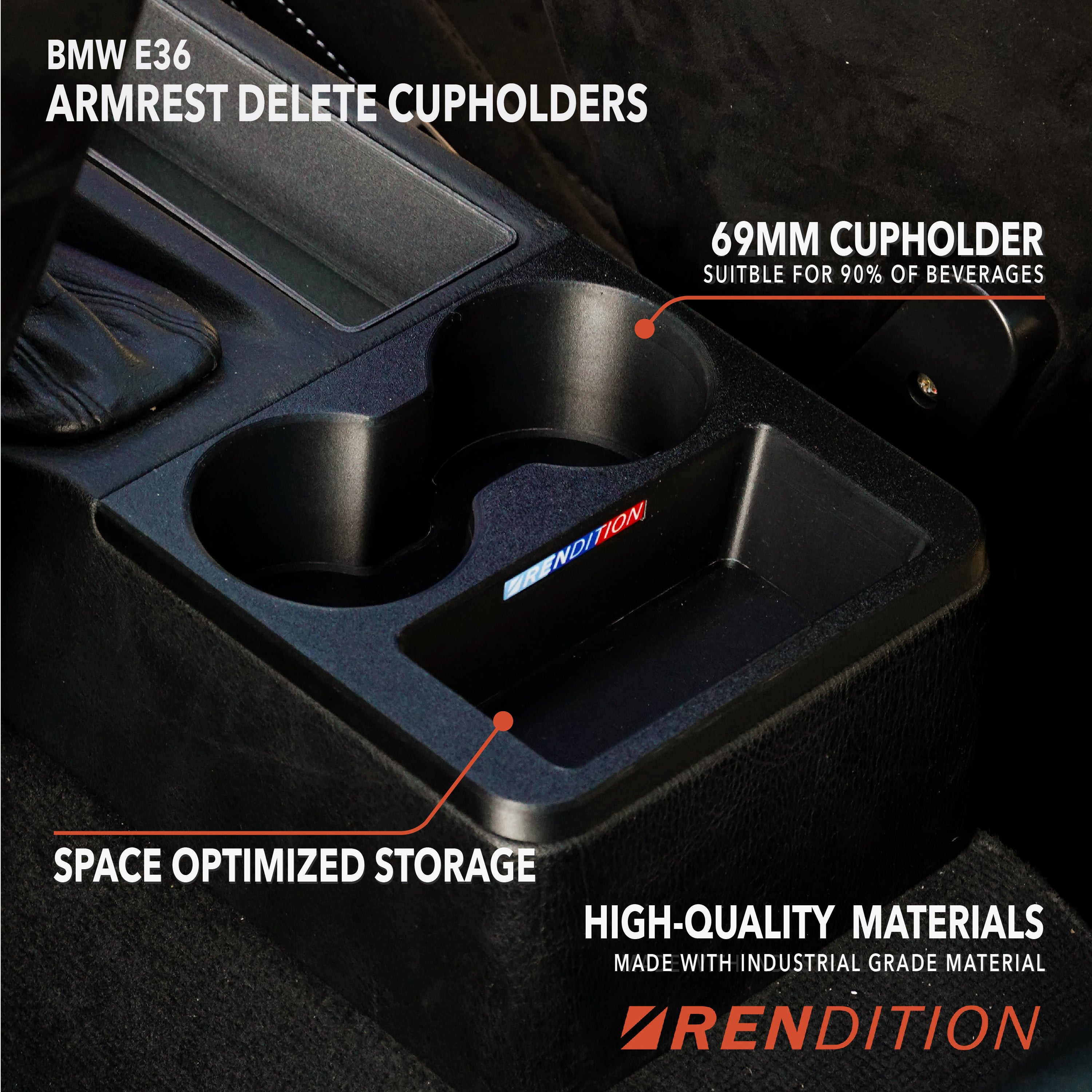 BMW E36 Armrest Delete Console with 72mm Cupholders Bracket and Hardware