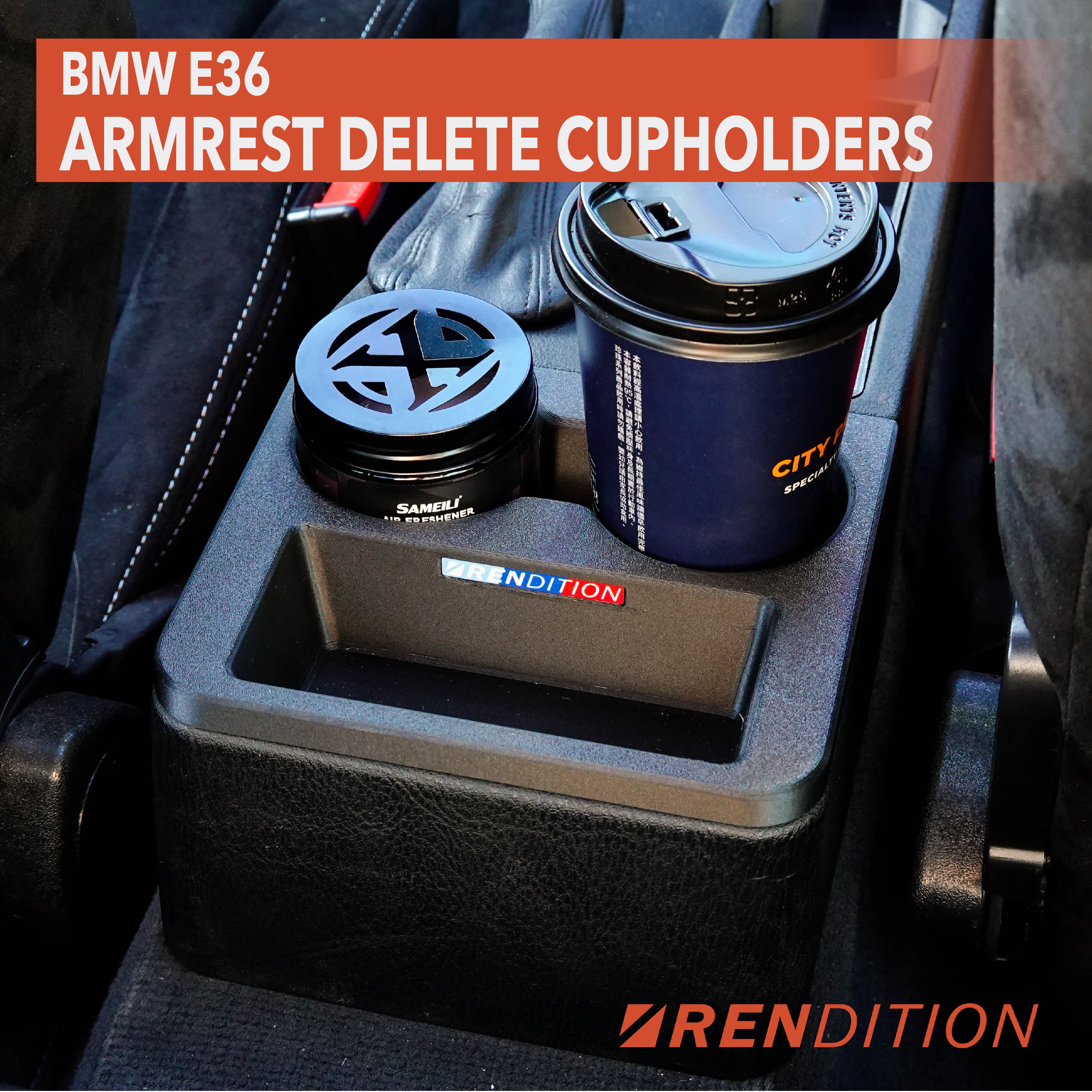 BMW E36 Armrest Delete Console with 72mm Cupholders Bracket and Hardware