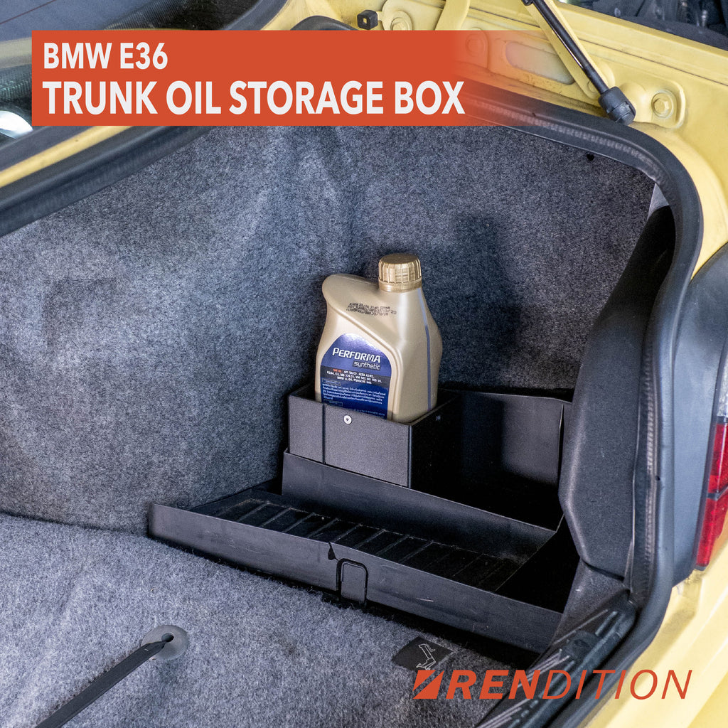 BMW E36 trunk oil bottle holder for spare motor oil storage