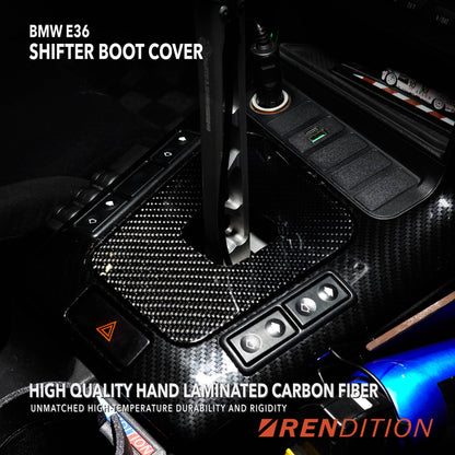 A black BMW E36 shift boot cover with a carbon fiber finish, installed in a vehicle's interior.