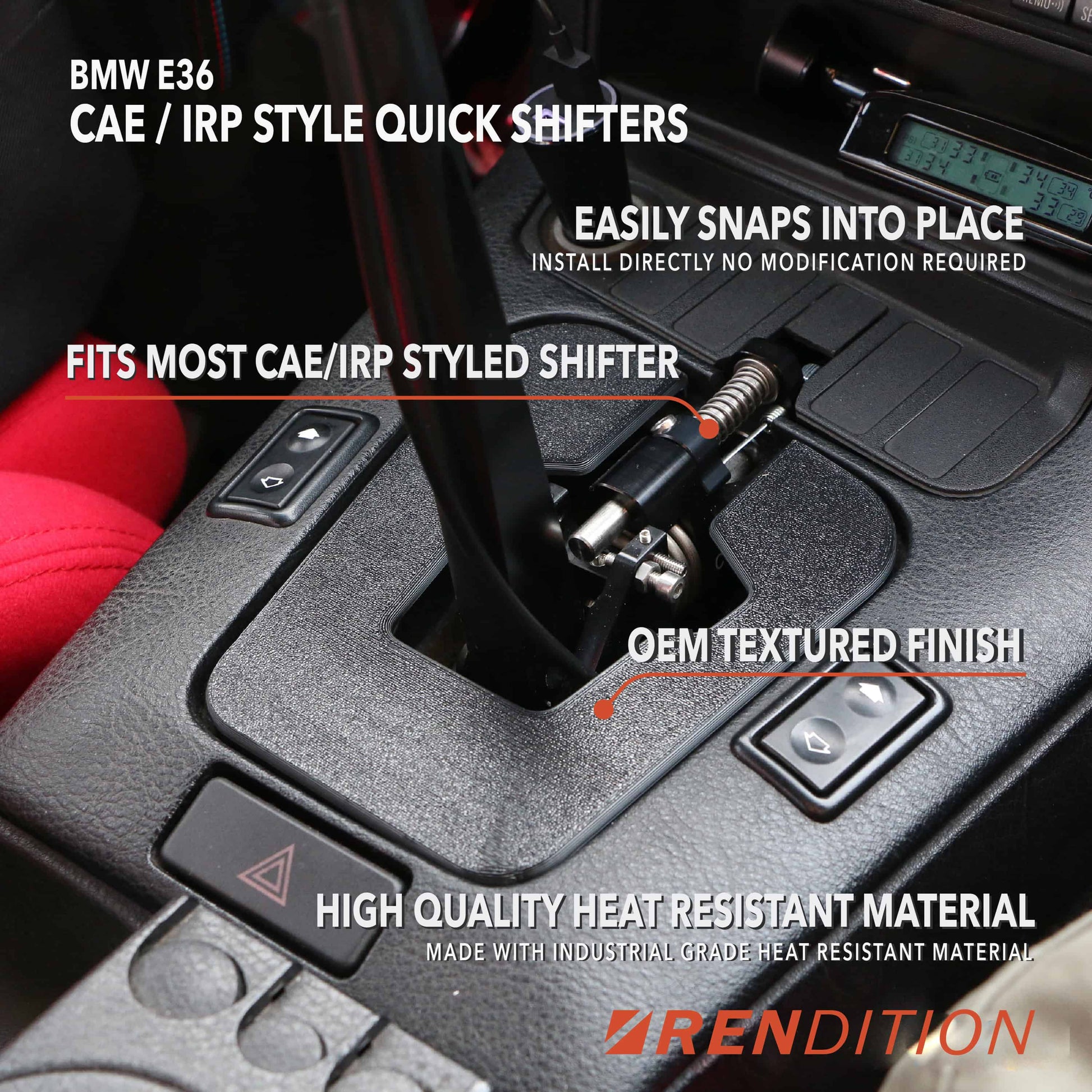 A black BMW E36 shift boot cover with a textured finish, installed in a vehicle's interior.