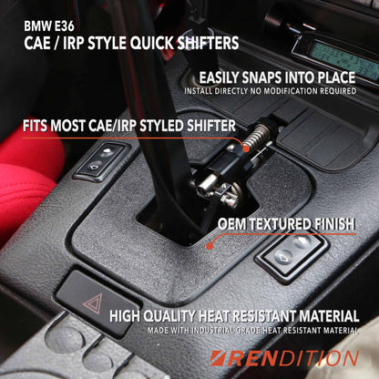A black BMW E36 shift boot cover with a textured finish, installed in a vehicle's interior.