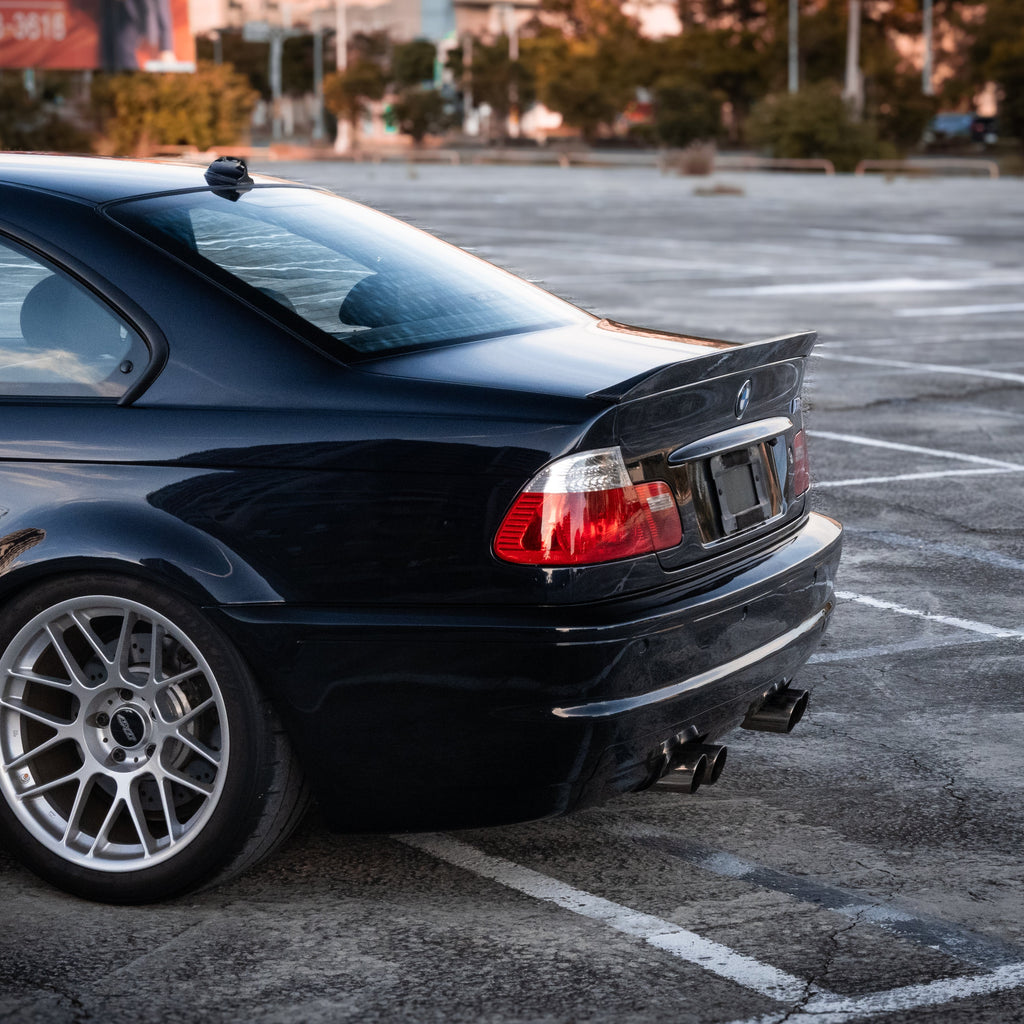 BMW E46 ducktail spoiler installed on Coupe and Sedan models in carbon fiber