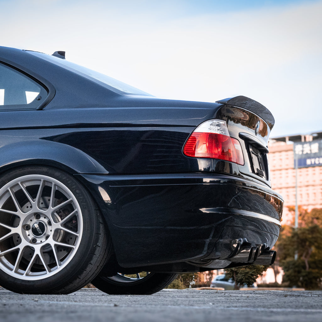 BMW E46 ducktail spoiler installed on Coupe and Sedan models