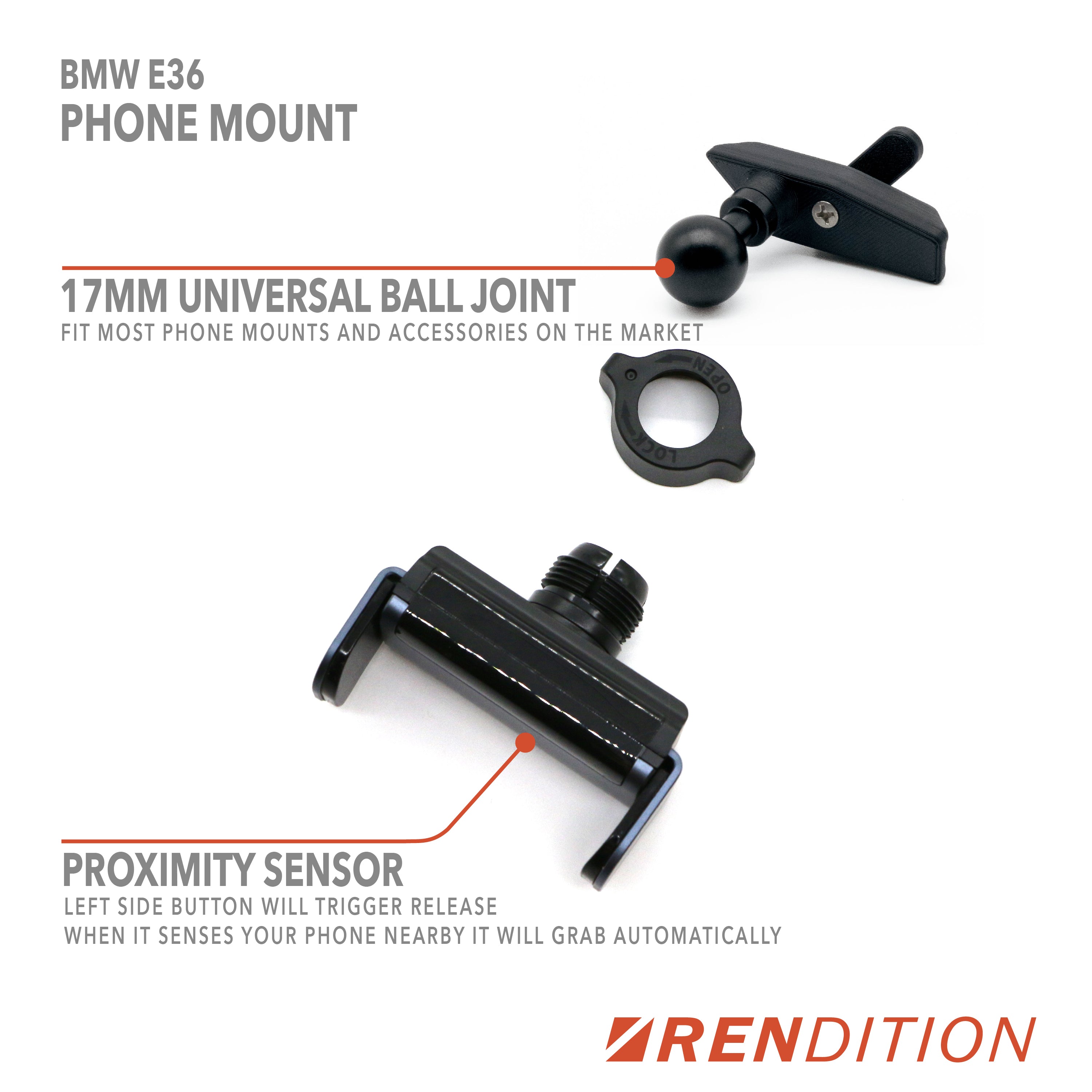 BMW E36 phone mount kit contents including bracket, mount, and joint