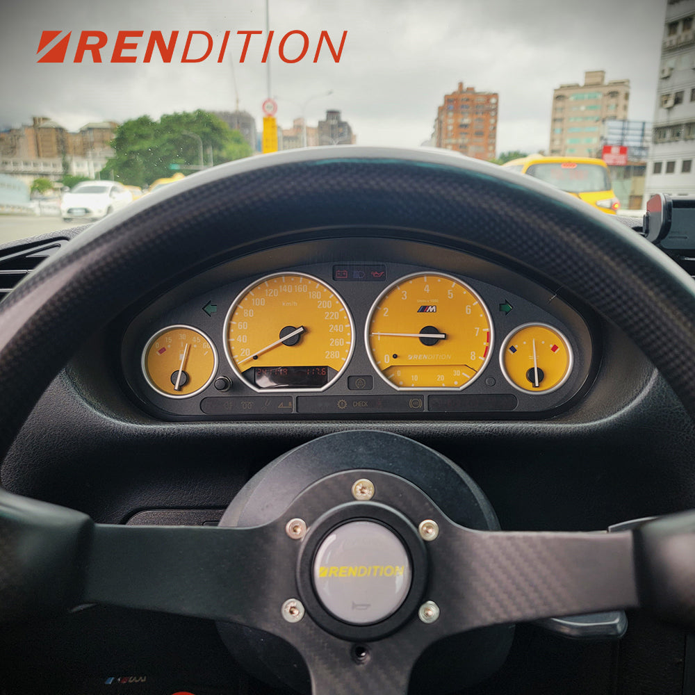BMW E36 custom gauge face overlay installed in instrument cluster